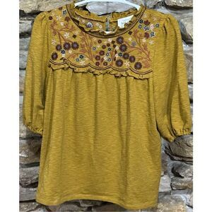 Women’s NWOT Böhme Boho Peasant Mustard Floral Embroidered 3/4 Sleeve Puff Blous